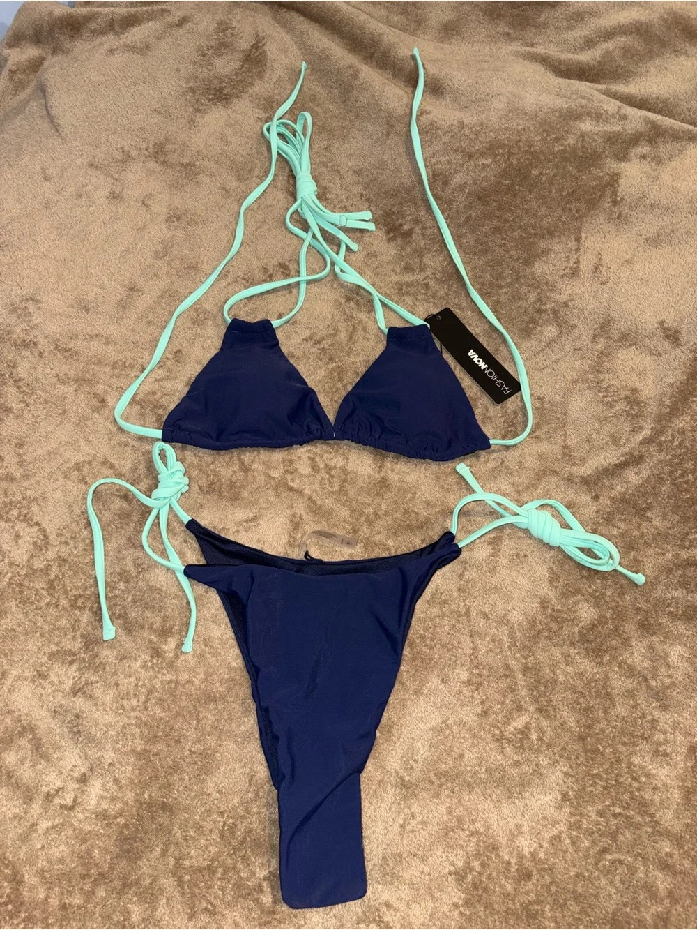 Fashion Nova Navy Bikini Set with Mint Tie Accents